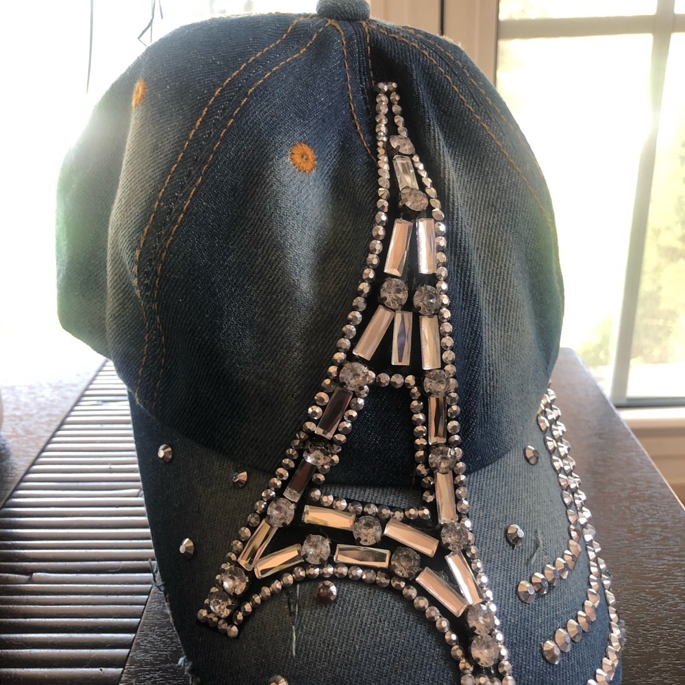 Rhinestone fitted blue jean hat